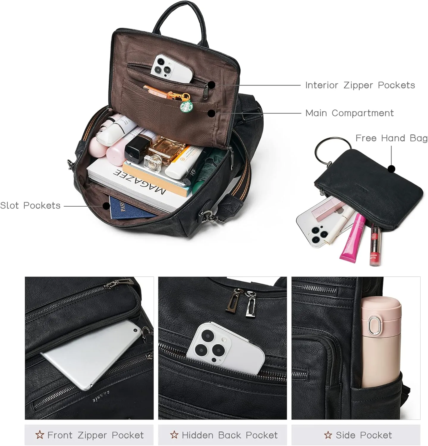 Shrrie Backpack Purse for Women Leather Backpack Fashion Designer Travel Backpack Convertible Shoulder Bag