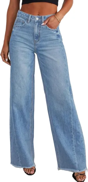 Sidefeel Women's Wide Leg Jeans High Waisted Strechy Raw Hem Zimbaplatinum Denim Pants