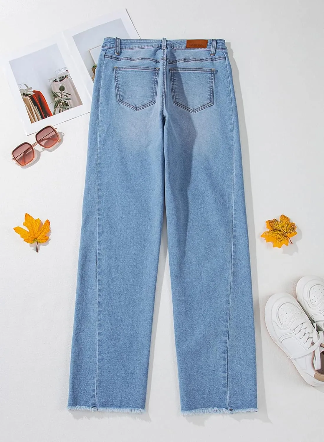 Sidefeel Women's Wide Leg Jeans High Waisted Strechy Raw Hem Zimbaplatinum Denim Pants