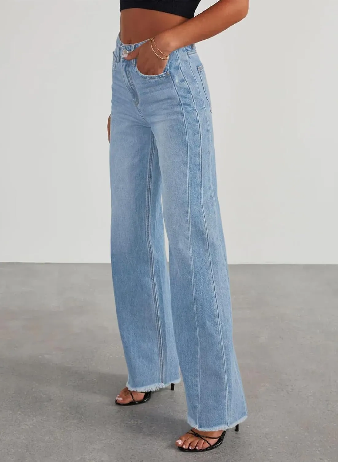 Sidefeel Women's Wide Leg Jeans High Waisted Strechy Raw Hem Zimbaplatinum Denim Pants
