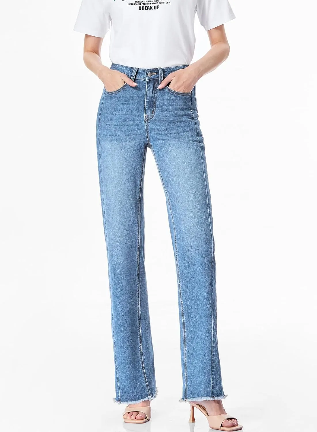 Sidefeel Women's Wide Leg Jeans High Waisted Strechy Raw Hem Zimbaplatinum Denim Pants