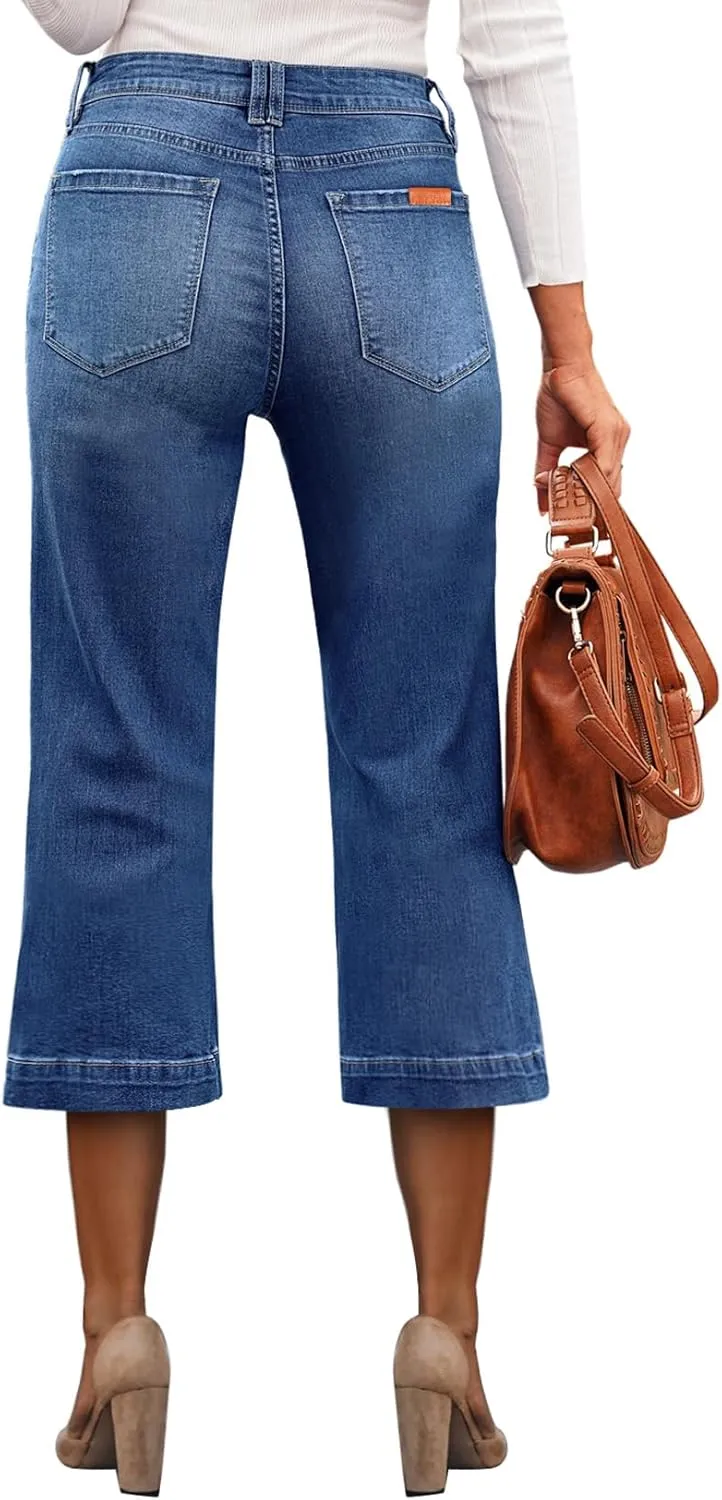 Sidefeel Women's Wide Leg Jeans High Waisted Stretchy Capri Pants