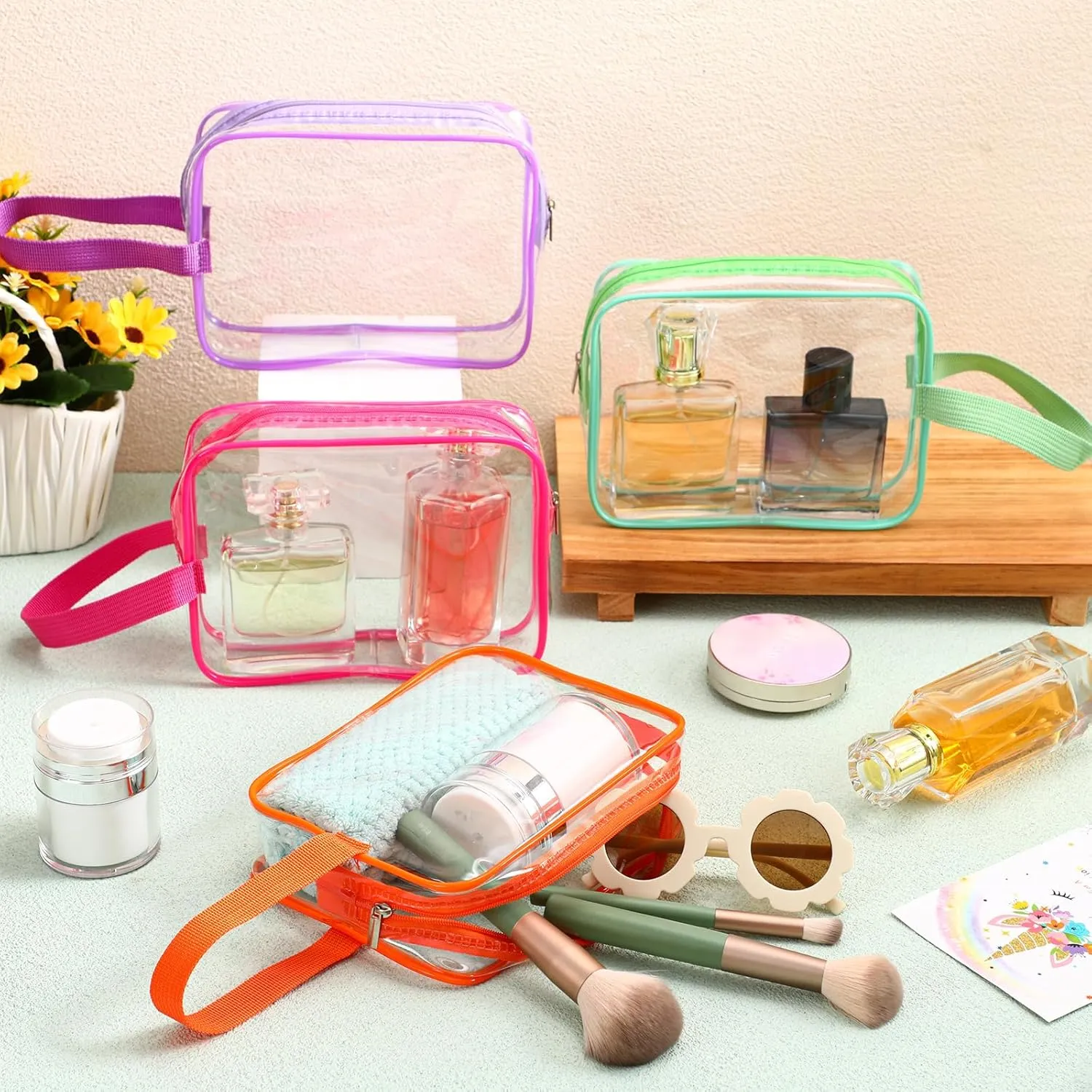 Silkfly 24 Pcs Clear Toiletry Bag PVC Travel Cosmetic Bag with Handle Strap Makeup Bag Summer Vacation Salon Mother Gift(Multi Color)