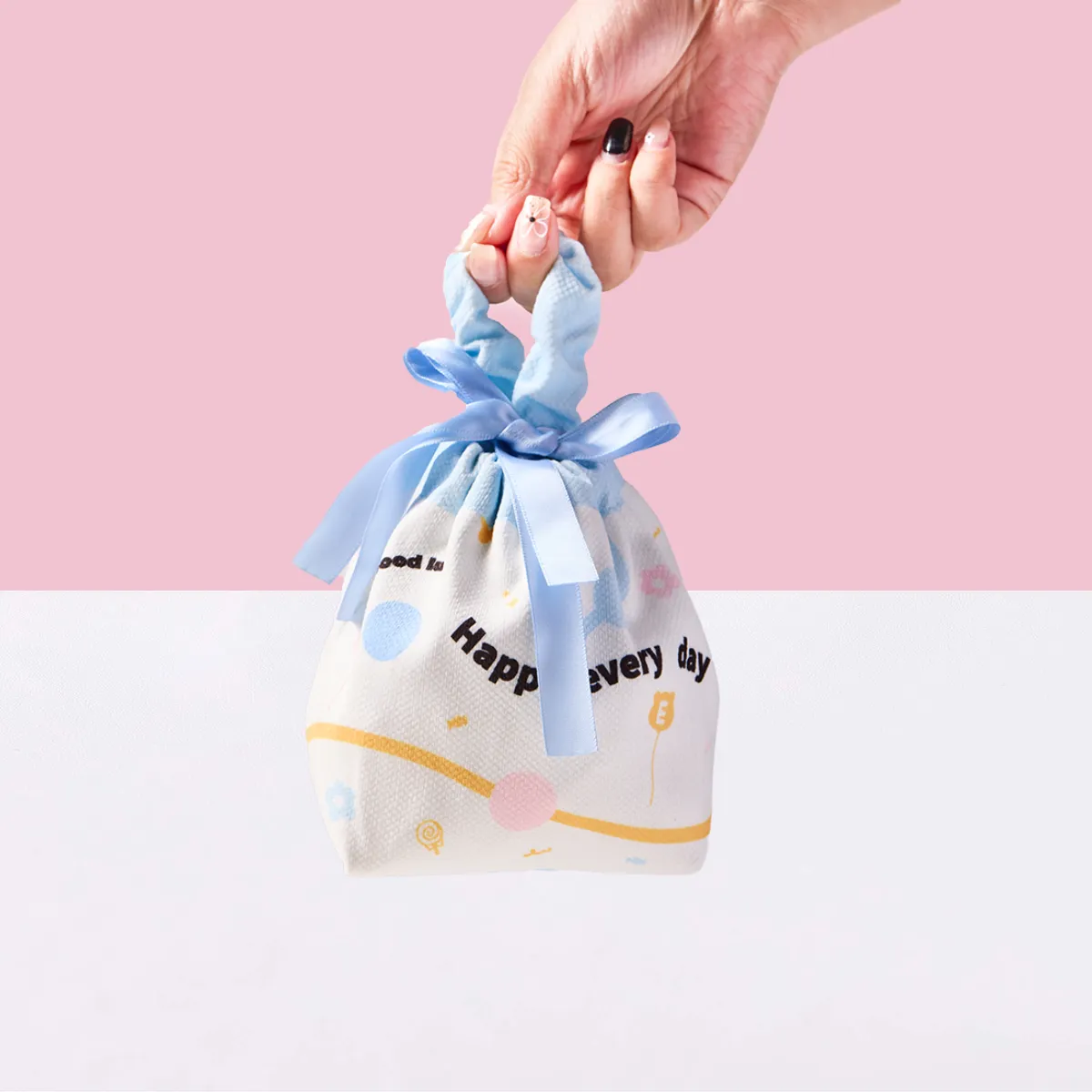 Simple Blue Linen Drawstring Wrapping Gift Bag