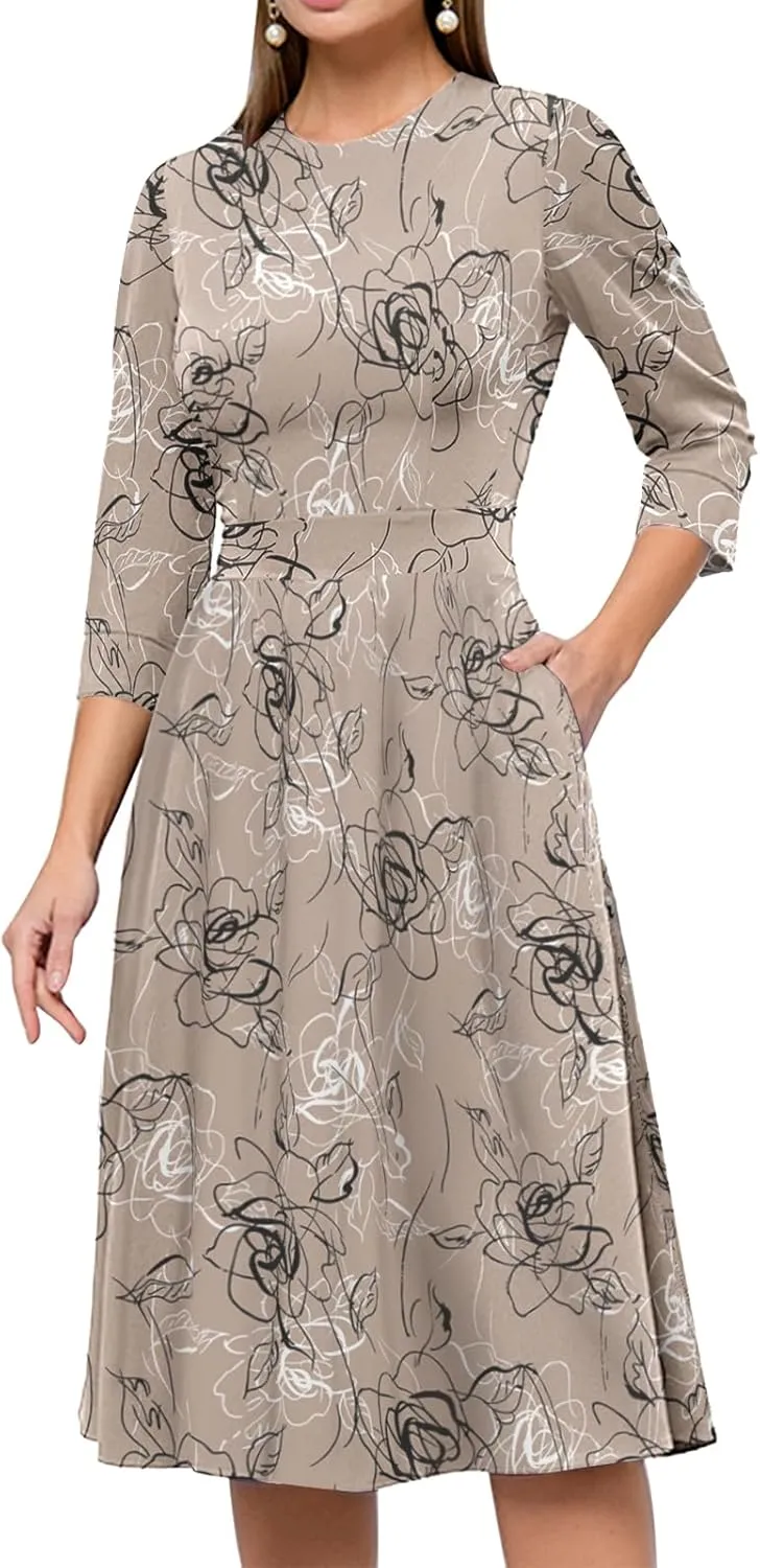 Simple Flavor Women's Floral Vintage Dress Elegant Midi Evening Dress 3/4 Sleeves