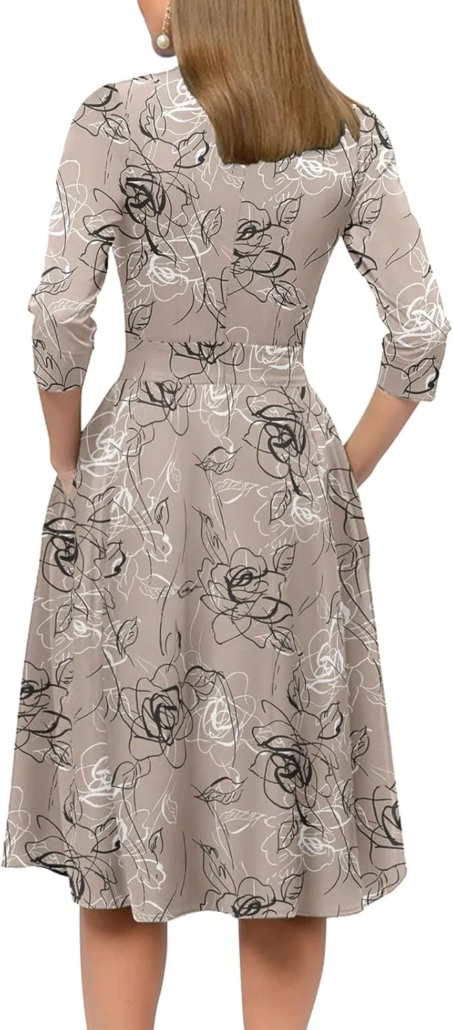 Simple Flavor Women's Floral Vintage Dress Elegant Midi Evening Dress 3/4 Sleeves