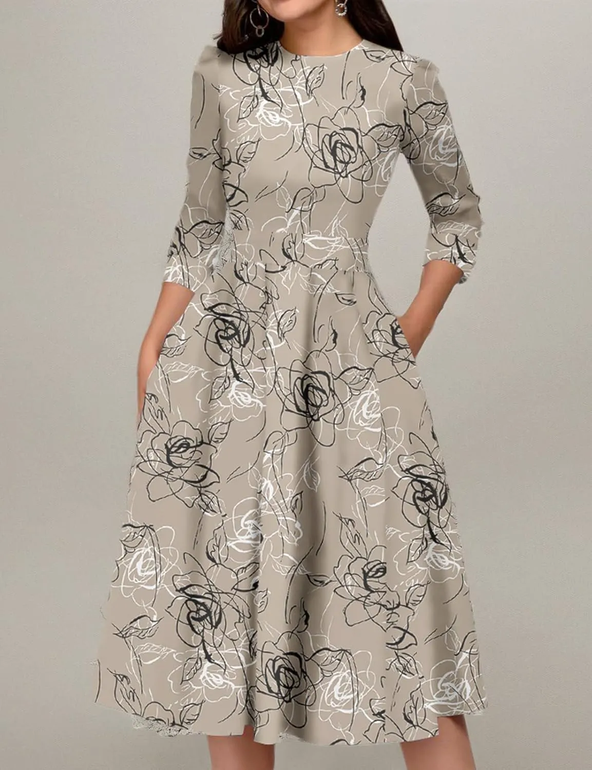 Simple Flavor Women's Floral Vintage Dress Elegant Midi Evening Dress 3/4 Sleeves