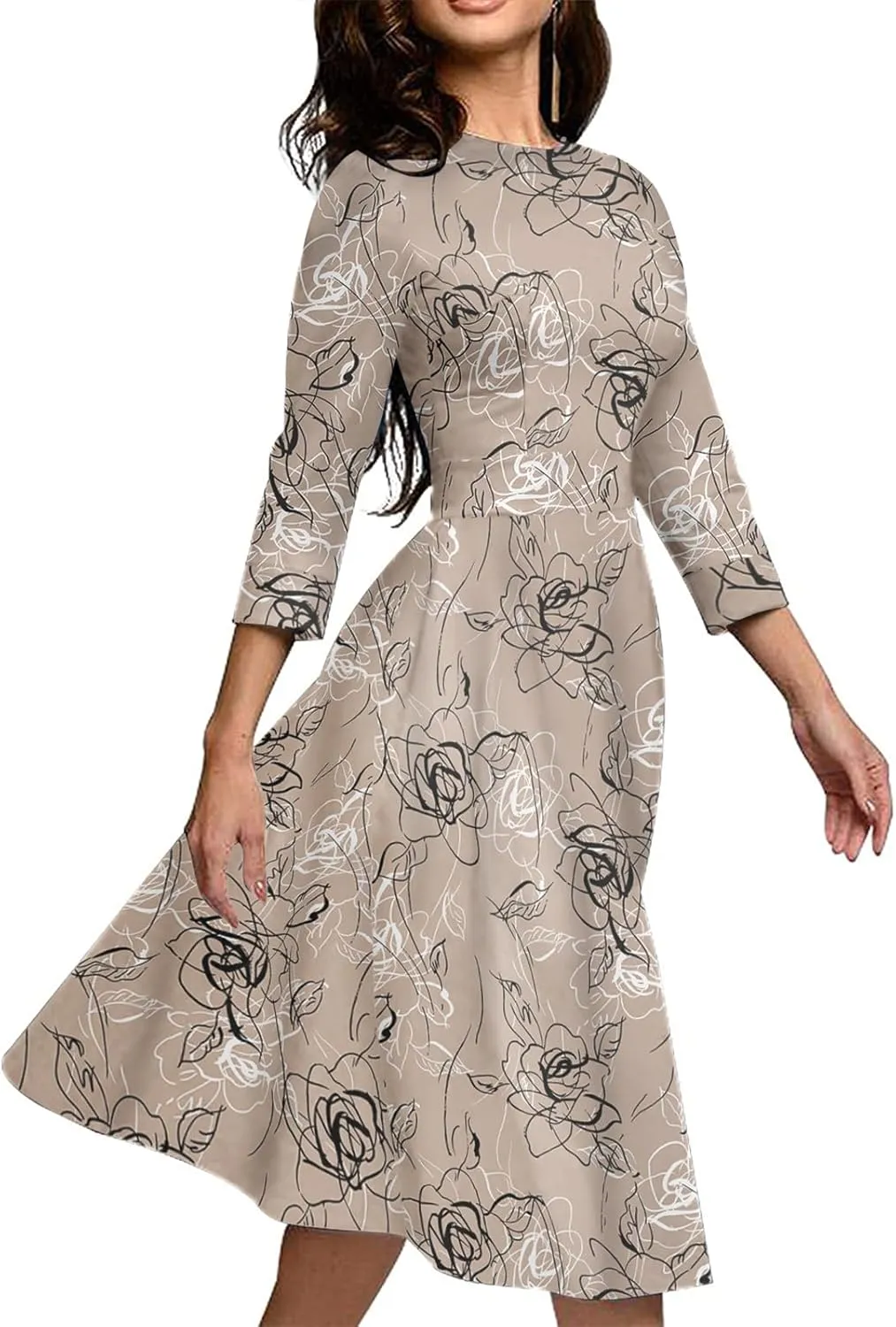 Simple Flavor Women's Floral Vintage Dress Elegant Midi Evening Dress 3/4 Sleeves