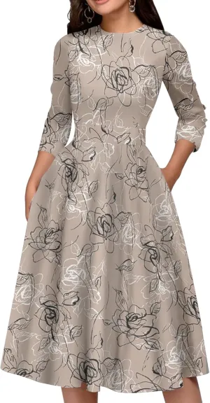 Simple Flavor Women's Floral Vintage Dress Elegant Midi Evening Dress 3/4 Sleeves