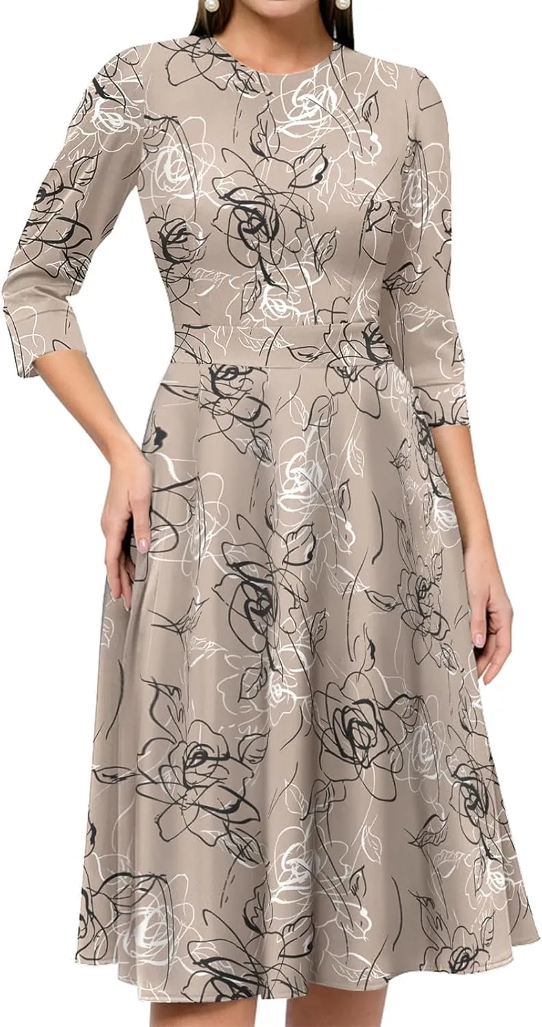 Simple Flavor Women's Floral Vintage Dress Elegant Midi Evening Dress 3/4 Sleeves