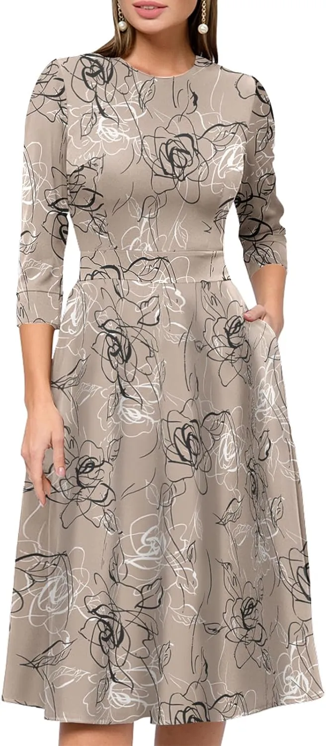 Simple Flavor Women's Floral Vintage Dress Elegant Midi Evening Dress 3/4 Sleeves