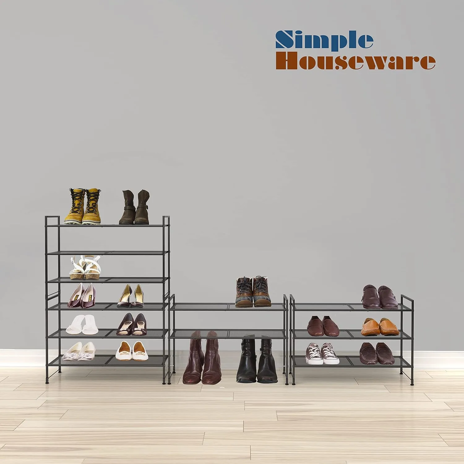 Simple Houseware 3-Tier Stackable Mesh Shoe Rack, Black