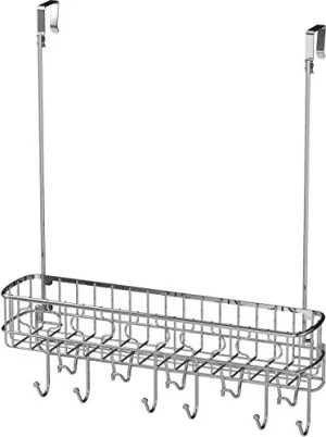 Simple Houseware Over The Door 11 Hook Organizer Rack with Basket Storage, Chrome