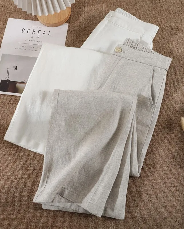 Simple White Pockets Elastic Waist Solid Linen Pants Summer