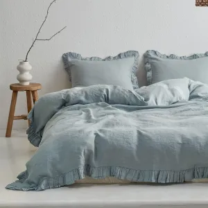 Simple&Opulence 100% Linen Duvet Cover Set, 3 PCS Natural French Flax Dusty Blue Ruffle Duvet Cover Queen Size, Breathable Comfy Linen Bedding Comforter Cover with 2 Pillowcases(Dusty Blue, 88" X 92")