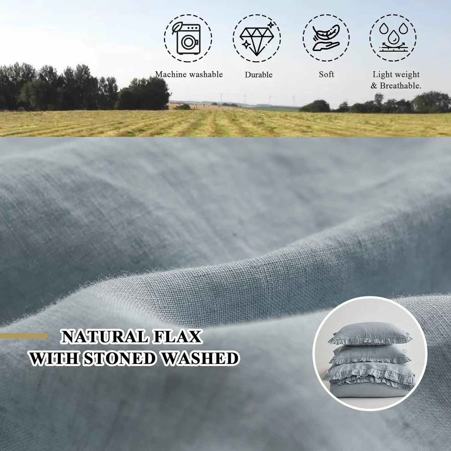 Simple&Opulence 100% Linen Duvet Cover Set, 3 PCS Natural French Flax Dusty Blue Ruffle Duvet Cover Queen Size, Breathable Comfy Linen Bedding Comforter Cover with 2 Pillowcases(Dusty Blue, 88" X 92")