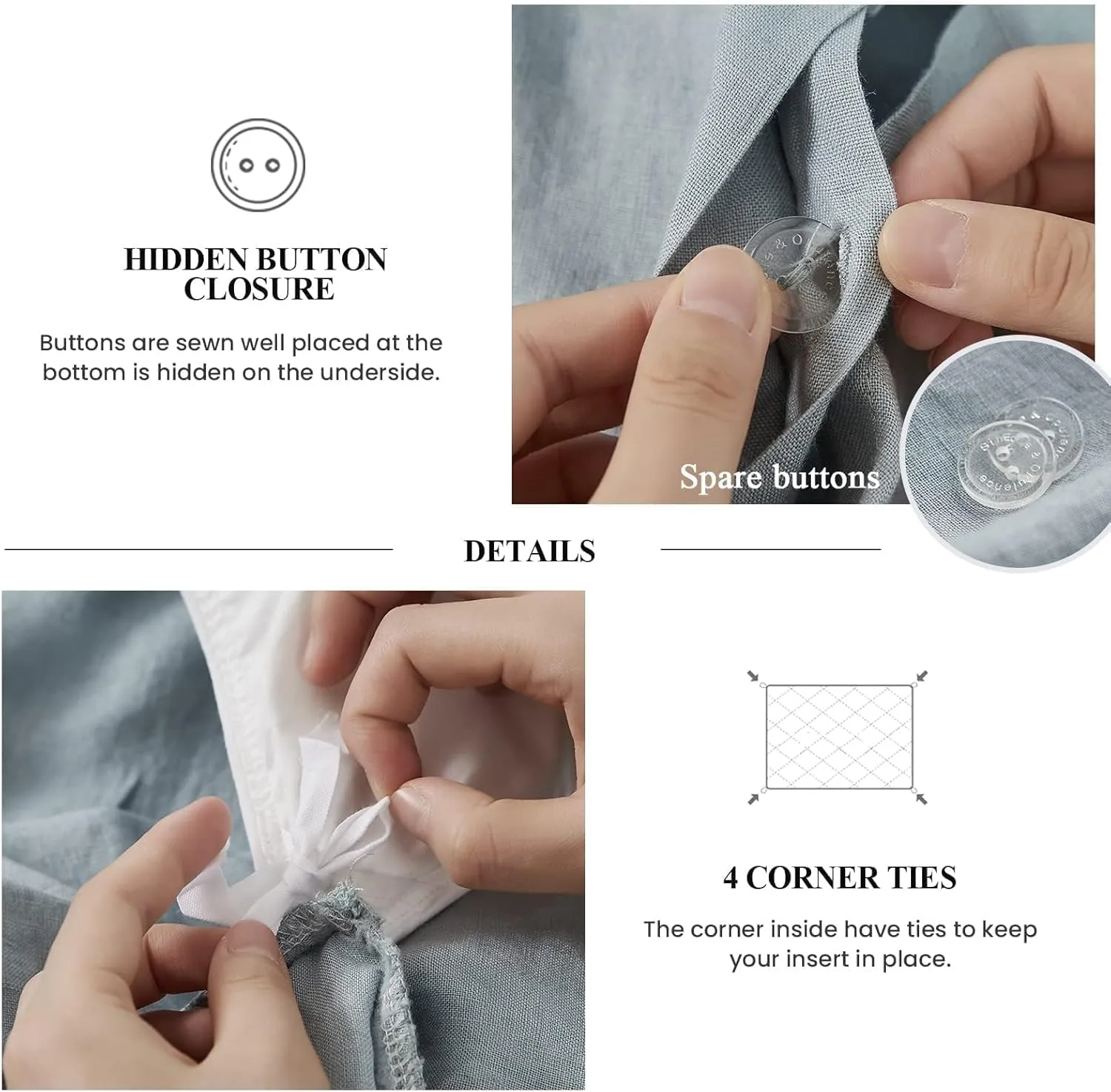 Simple&Opulence 100% Linen Duvet Cover Set, 3 PCS Natural French Flax Dusty Blue Ruffle Duvet Cover Queen Size, Breathable Comfy Linen Bedding Comforter Cover with 2 Pillowcases(Dusty Blue, 88" X 92")