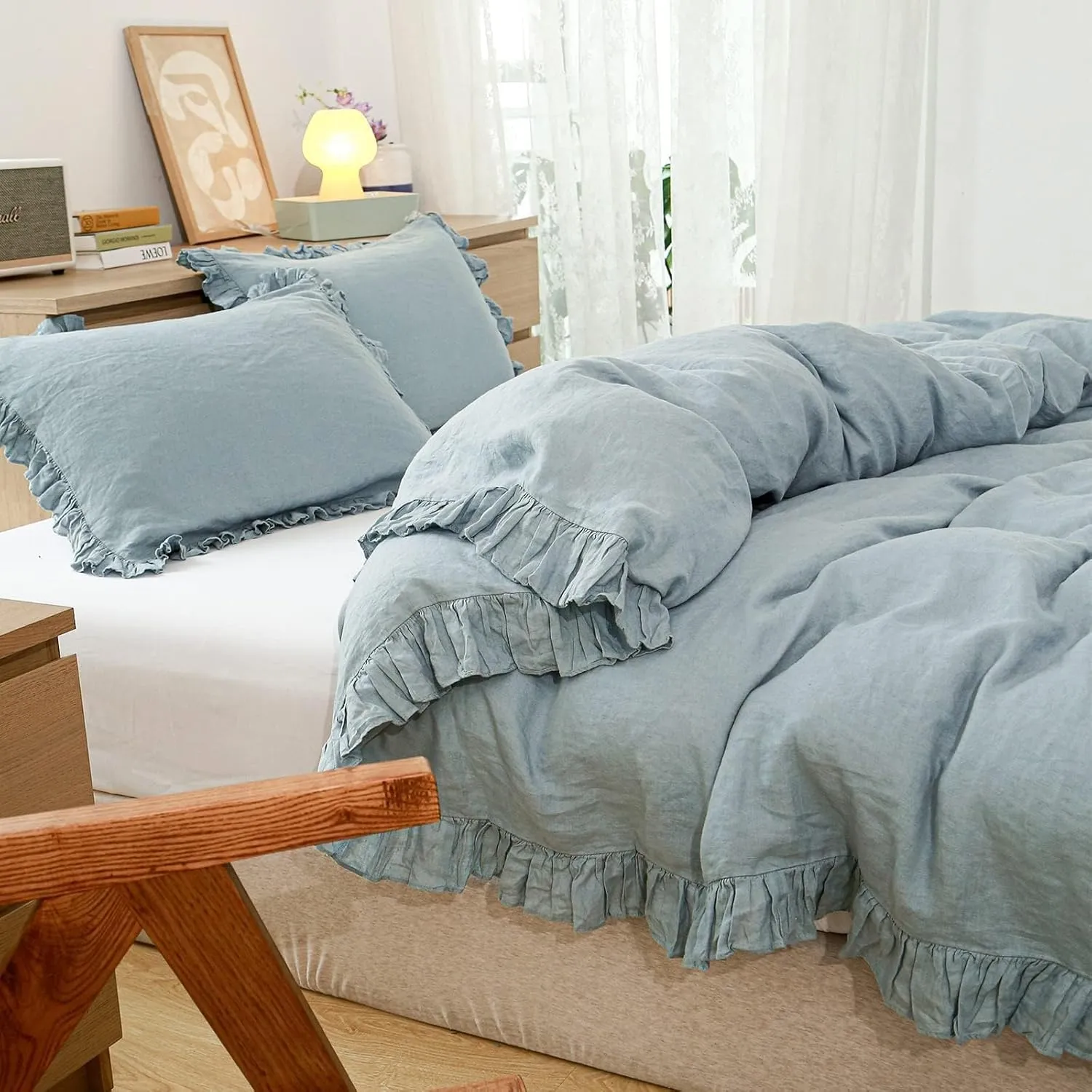 Simple&Opulence 100% Linen Duvet Cover Set, 3 PCS Natural French Flax Dusty Blue Ruffle Duvet Cover Queen Size, Breathable Comfy Linen Bedding Comforter Cover with 2 Pillowcases(Dusty Blue, 88" X 92")