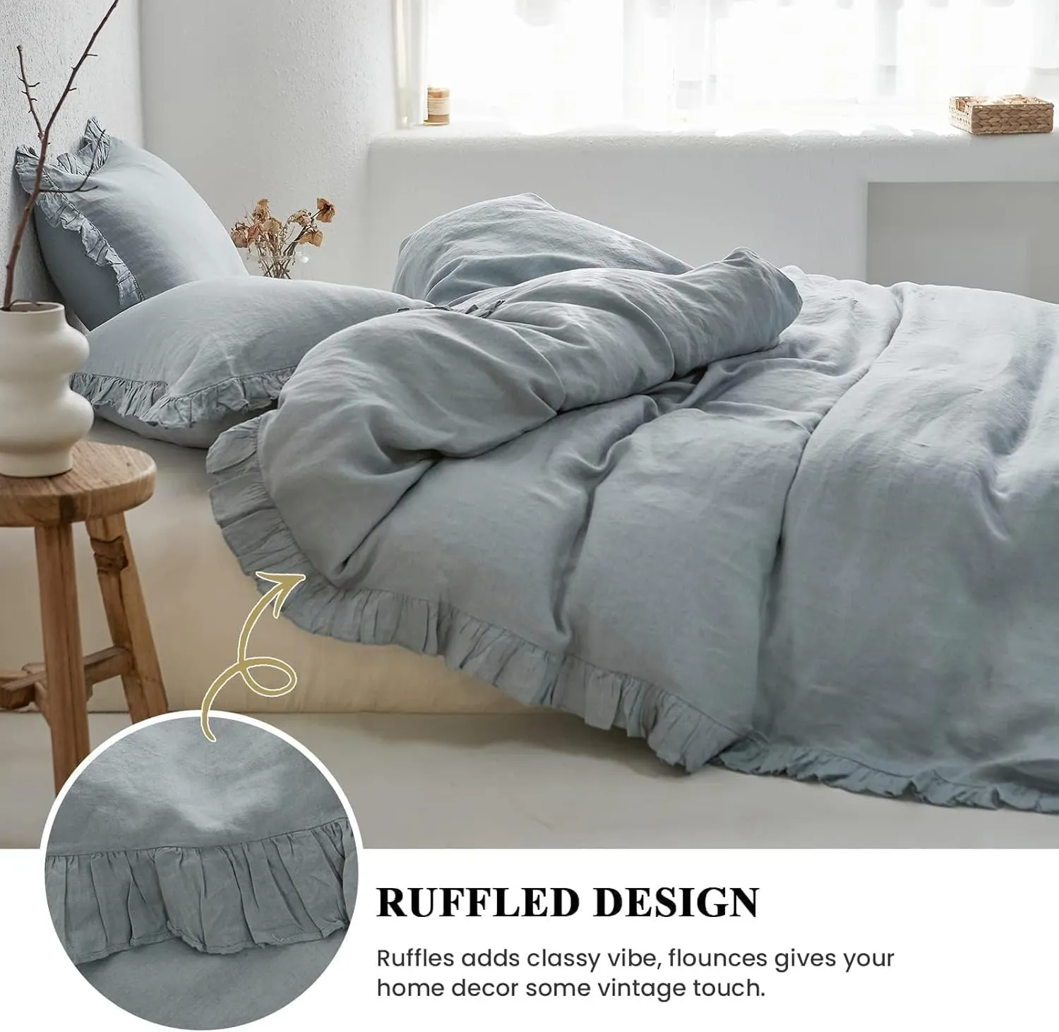 Simple&Opulence 100% Linen Duvet Cover Set, 3 PCS Natural French Flax Dusty Blue Ruffle Duvet Cover Queen Size, Breathable Comfy Linen Bedding Comforter Cover with 2 Pillowcases(Dusty Blue, 88" X 92")