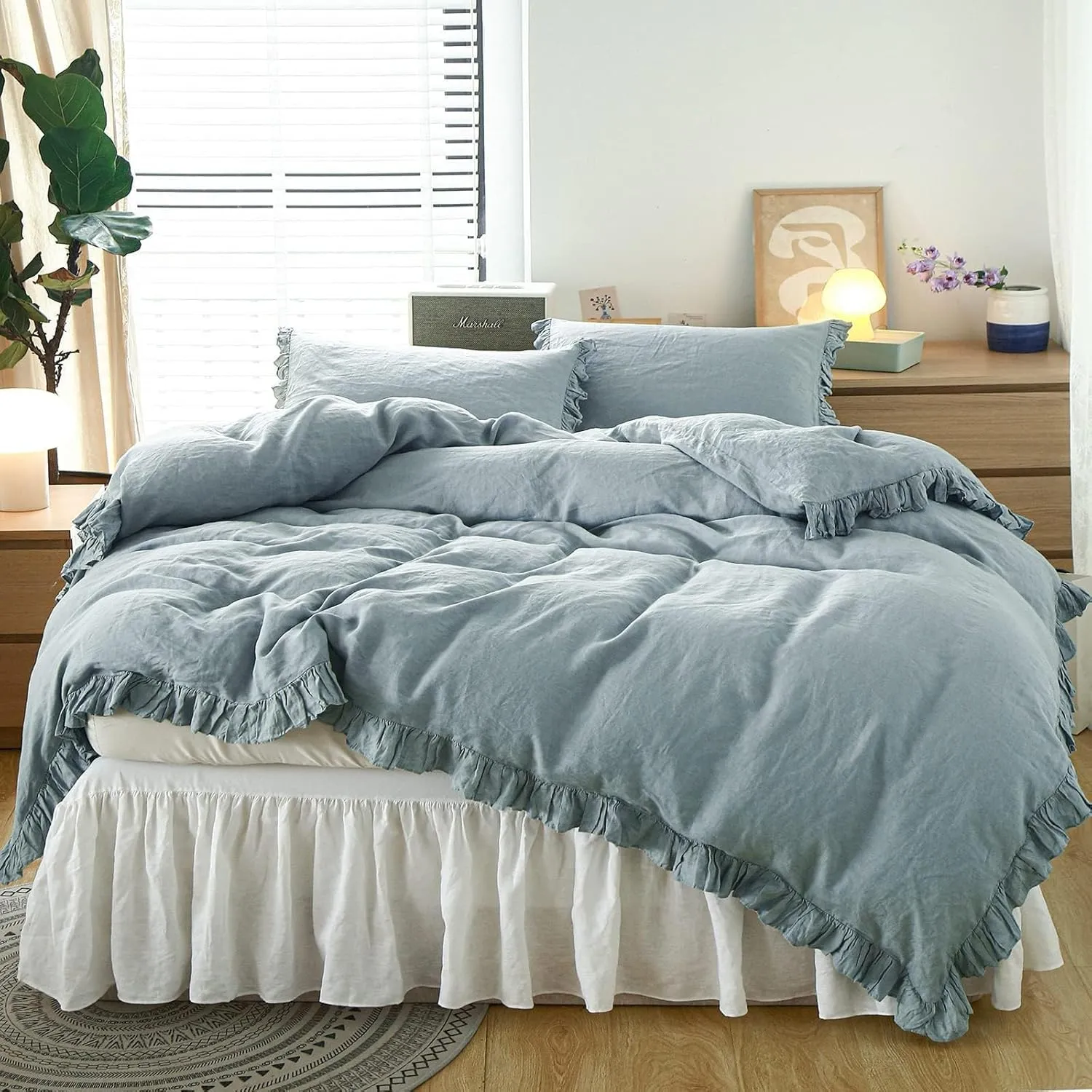 Simple&Opulence 100% Linen Duvet Cover Set, 3 PCS Natural French Flax Dusty Blue Ruffle Duvet Cover Queen Size, Breathable Comfy Linen Bedding Comforter Cover with 2 Pillowcases(Dusty Blue, 88" X 92")