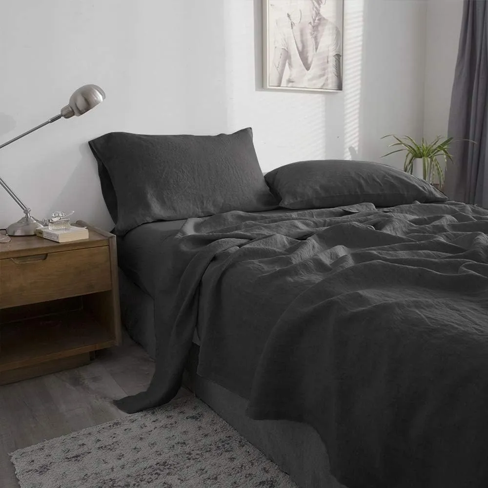 Simple&Opulence 100% Pure Linen Sheet Set Queen Size, Natural French Flax Solid Color 4 Pcs Washed Breathable, Farmhouse Bedding (1 Flat Sheet,1 Fitted Sheet,2 Pillowcases)-Embroidery Dark Grey