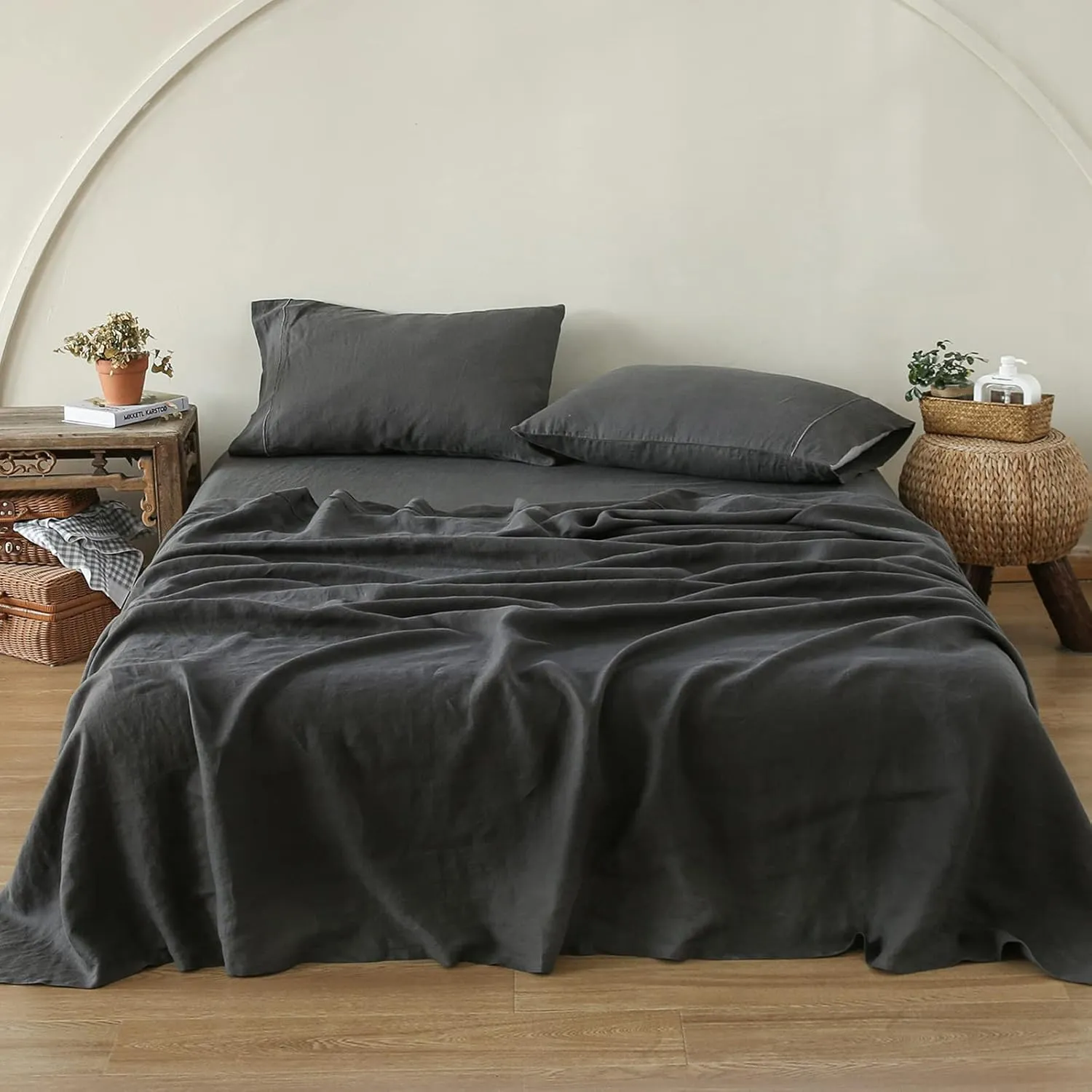 Simple&Opulence 100% Pure Linen Sheet Set Queen Size, Natural French Flax Solid Color 4 Pcs Washed Breathable, Farmhouse Bedding (1 Flat Sheet,1 Fitted Sheet,2 Pillowcases)-Embroidery Dark Grey