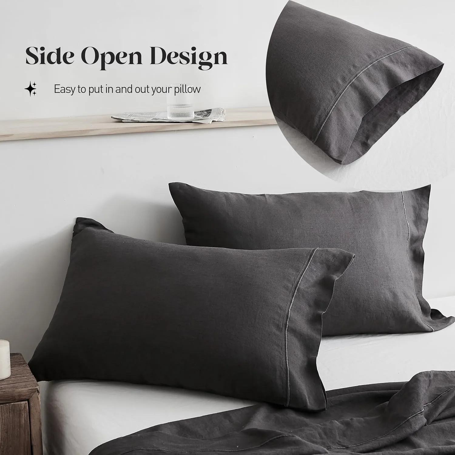 Simple&Opulence 100% Pure Linen Sheet Set Queen Size, Natural French Flax Solid Color 4 Pcs Washed Breathable, Farmhouse Bedding (1 Flat Sheet,1 Fitted Sheet,2 Pillowcases)-Embroidery Dark Grey