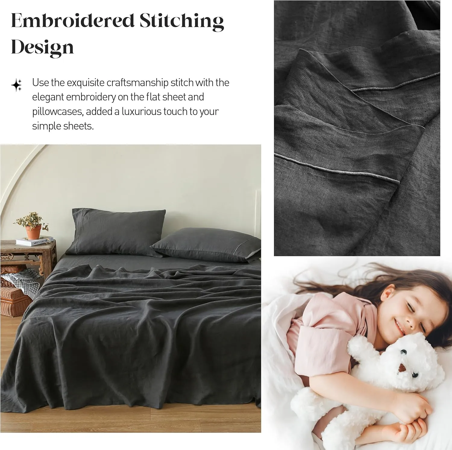 Simple&Opulence 100% Pure Linen Sheet Set Queen Size, Natural French Flax Solid Color 4 Pcs Washed Breathable, Farmhouse Bedding (1 Flat Sheet,1 Fitted Sheet,2 Pillowcases)-Embroidery Dark Grey
