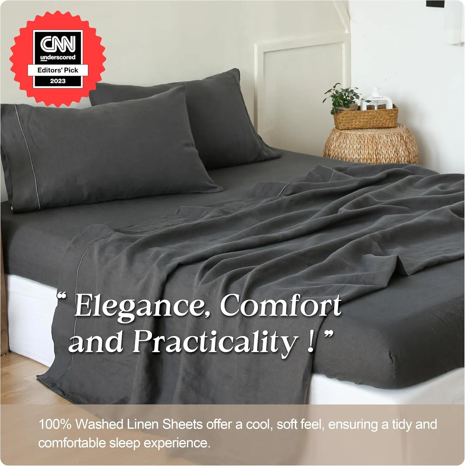 Simple&Opulence 100% Pure Linen Sheet Set Queen Size, Natural French Flax Solid Color 4 Pcs Washed Breathable, Farmhouse Bedding (1 Flat Sheet,1 Fitted Sheet,2 Pillowcases)-Embroidery Dark Grey