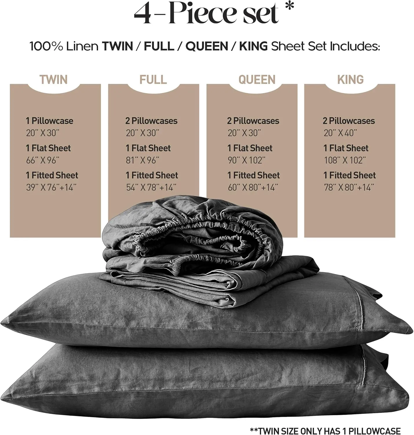 Simple&Opulence 100% Pure Linen Sheet Set Queen Size, Natural French Flax Solid Color 4 Pcs Washed Breathable, Farmhouse Bedding (1 Flat Sheet,1 Fitted Sheet,2 Pillowcases)-Embroidery Dark Grey