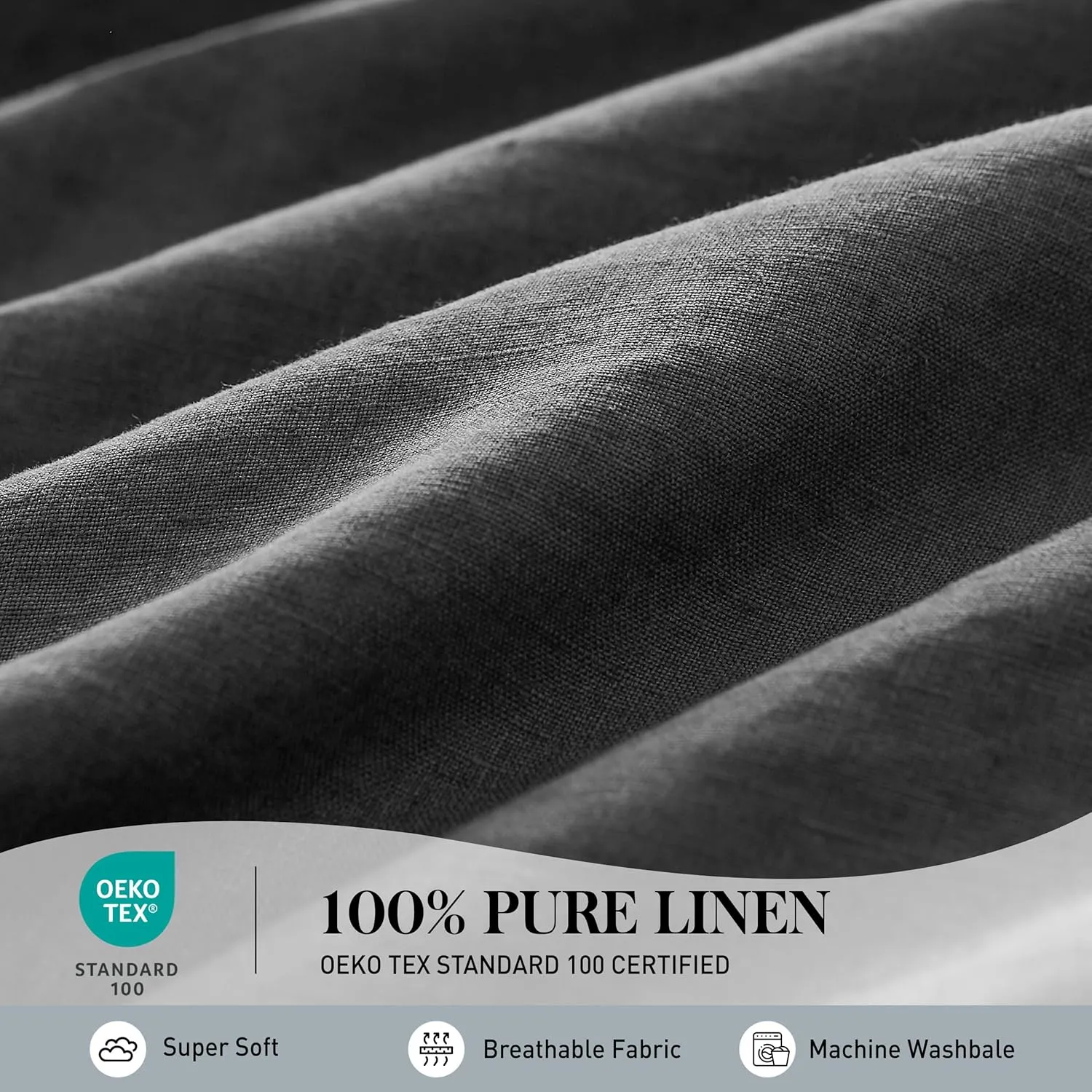 Simple&Opulence 100% Pure Linen Sheet Set Queen Size, Natural French Flax Solid Color 4 Pcs Washed Breathable, Farmhouse Bedding (1 Flat Sheet,1 Fitted Sheet,2 Pillowcases)-Embroidery Dark Grey