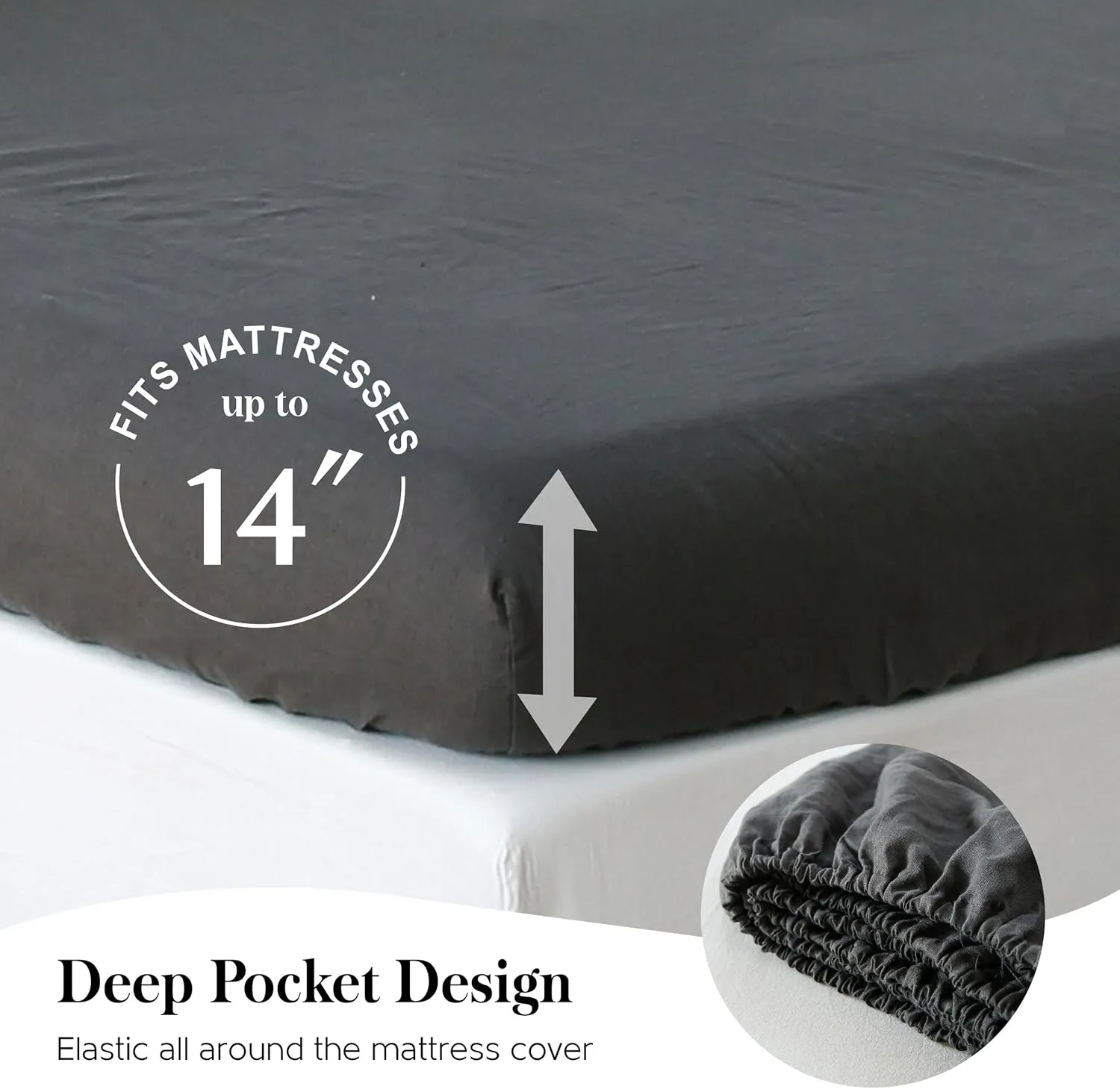 Simple&Opulence 100% Pure Linen Sheet Set Queen Size, Natural French Flax Solid Color 4 Pcs Washed Breathable, Farmhouse Bedding (1 Flat Sheet,1 Fitted Sheet,2 Pillowcases)-Embroidery Dark Grey