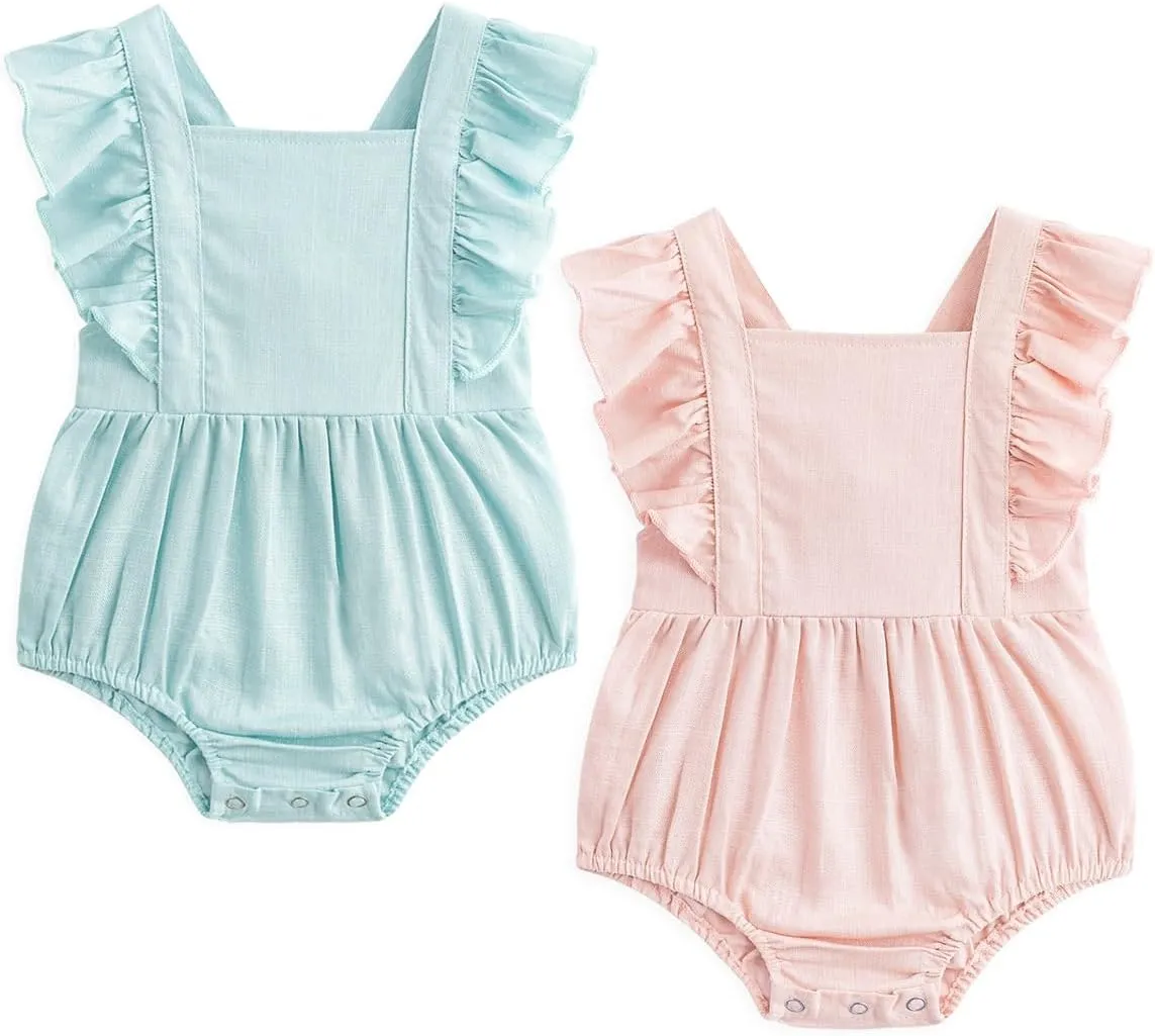 Simplee kids 2PCS Baby Boys Girls Adjustable Slip Romper Summer Outfit Jumpsuit Cotton Linen Bodysuit