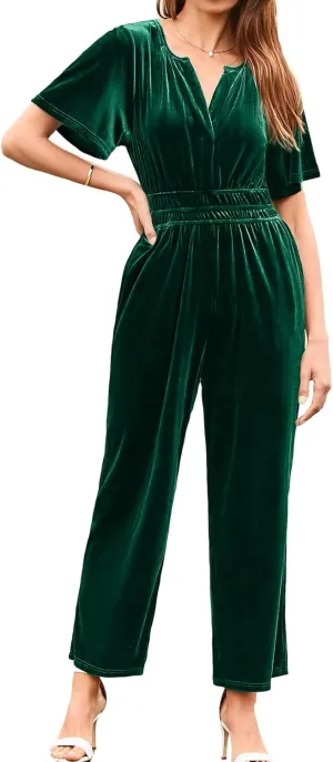 Simplee Womens Short Sleeve Wide Leg Velvet Jumpsuit Dressy V Neck Elastic Waist Formal Jumpsuits 2024 Winter Holiday Outfits