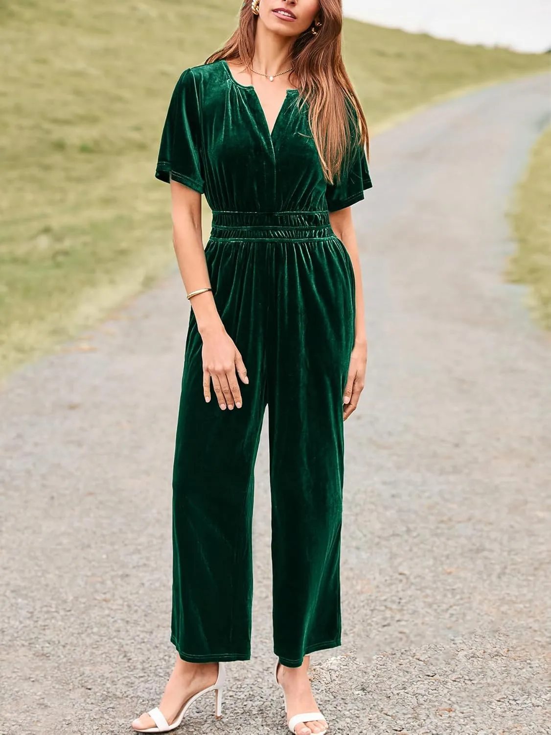 Simplee Womens Short Sleeve Wide Leg Velvet Jumpsuit Dressy V Neck Elastic Waist Formal Jumpsuits 2024 Winter Holiday Outfits