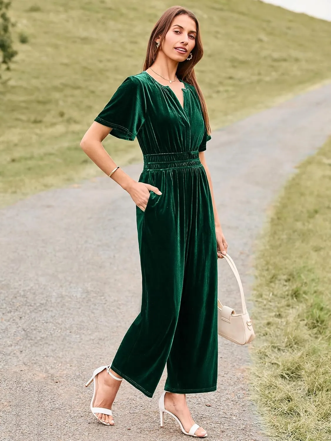 Simplee Womens Short Sleeve Wide Leg Velvet Jumpsuit Dressy V Neck Elastic Waist Formal Jumpsuits 2024 Winter Holiday Outfits