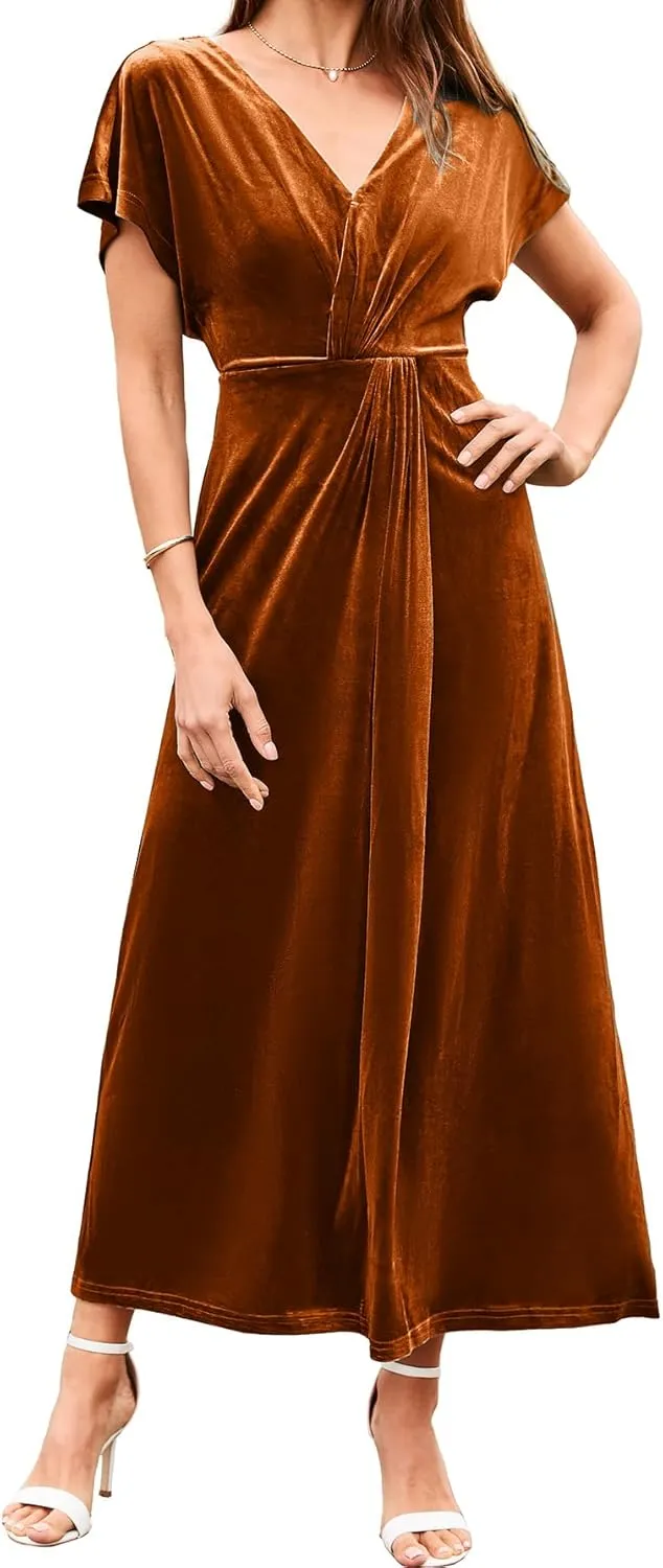 Simplee Women's Velvet Maxi Dress Short Sleeve V Neck Fall Wedding Guest Dress Twiss Front Long Formal Bodycon Prom Dress