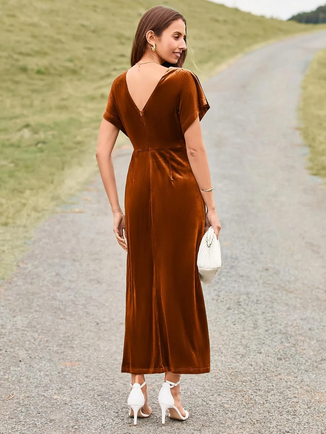 Simplee Women's Velvet Maxi Dress Short Sleeve V Neck Fall Wedding Guest Dress Twiss Front Long Formal Bodycon Prom Dress