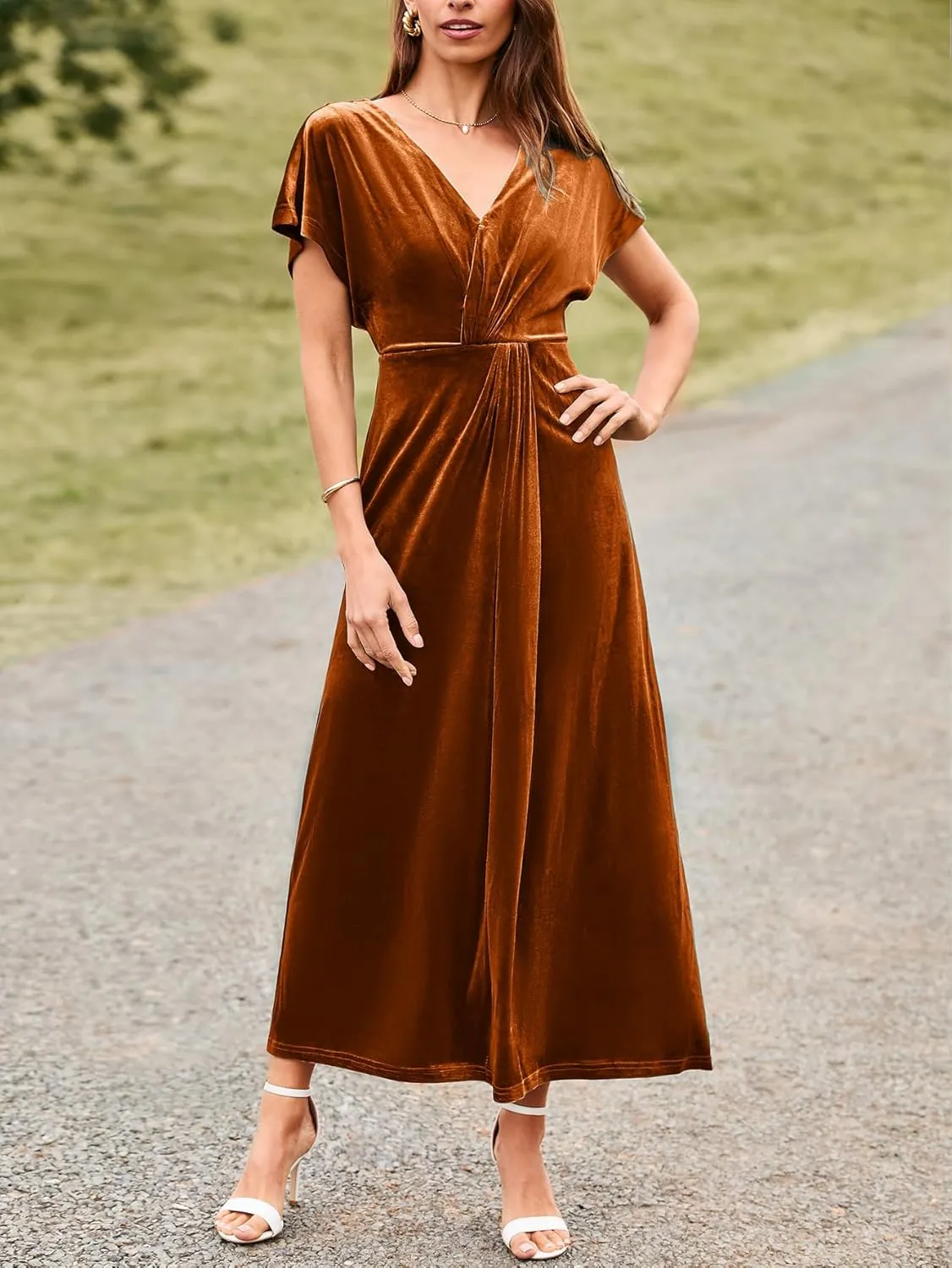 Simplee Women's Velvet Maxi Dress Short Sleeve V Neck Fall Wedding Guest Dress Twiss Front Long Formal Bodycon Prom Dress