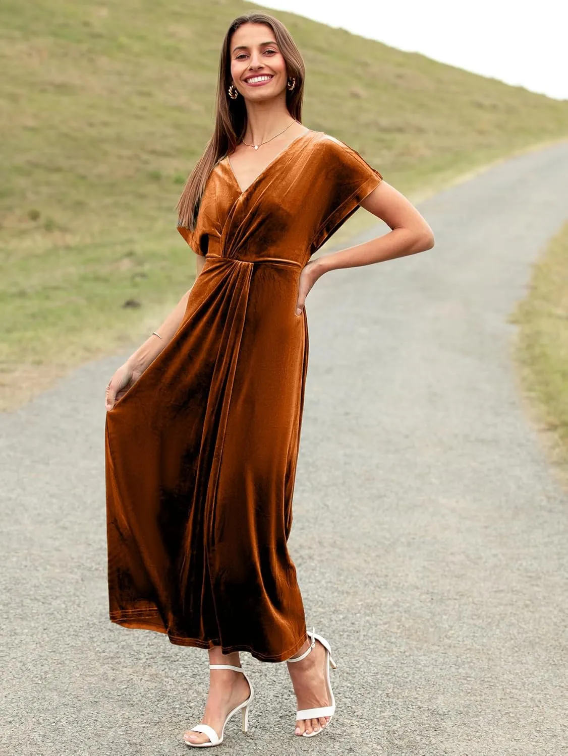Simplee Women's Velvet Maxi Dress Short Sleeve V Neck Fall Wedding Guest Dress Twiss Front Long Formal Bodycon Prom Dress