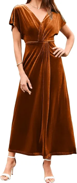 Simplee Women's Velvet Maxi Dress Short Sleeve V Neck Fall Wedding Guest Dress Twiss Front Long Formal Bodycon Prom Dress