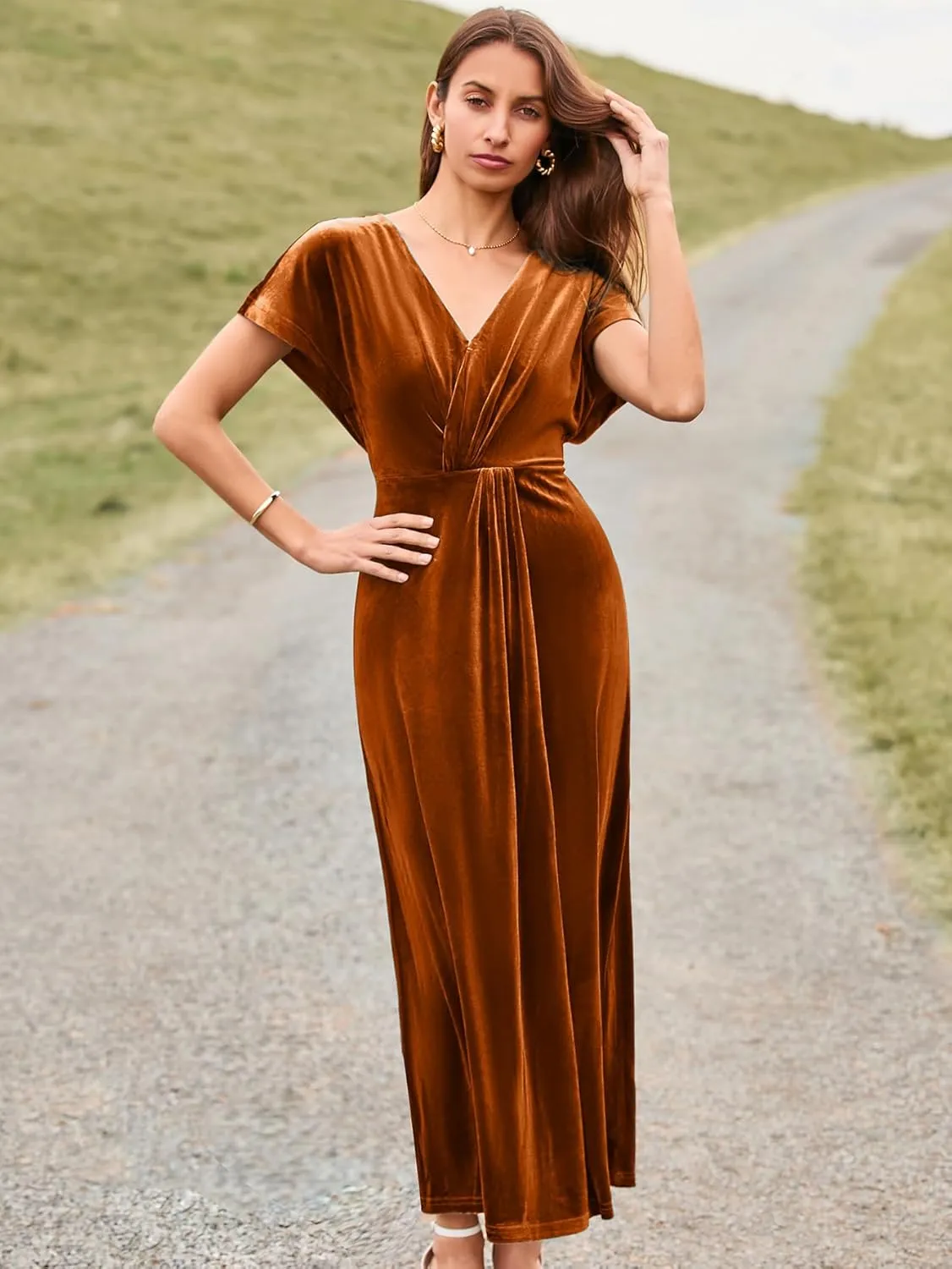 Simplee Women's Velvet Maxi Dress Short Sleeve V Neck Fall Wedding Guest Dress Twiss Front Long Formal Bodycon Prom Dress