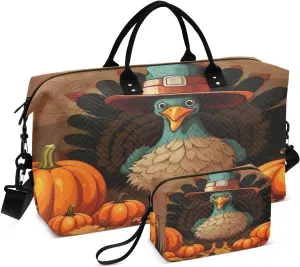 Sinestour Fall Thanksgiving Pumpkins Turkey Travel Duffel Bag for Men Women with Makeup Bag Weekend Overnight Carry On Bags for Traveling Gym Workout