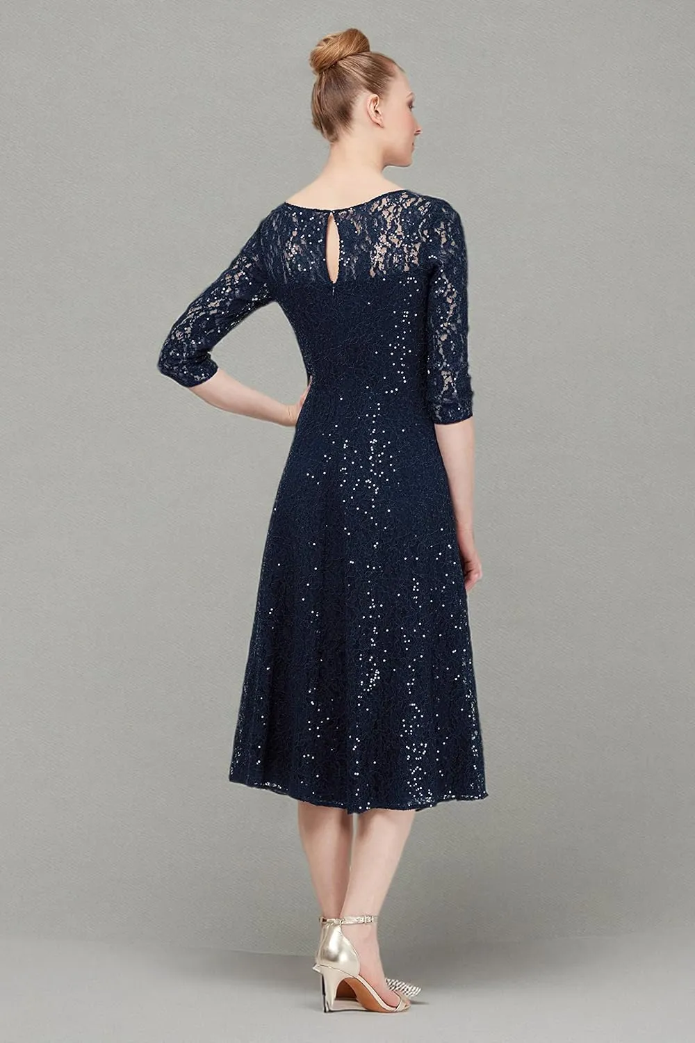 S.L. Fashions Women's Midi Length Sequin Lace Fit and Flare Dress (Missy Petite)