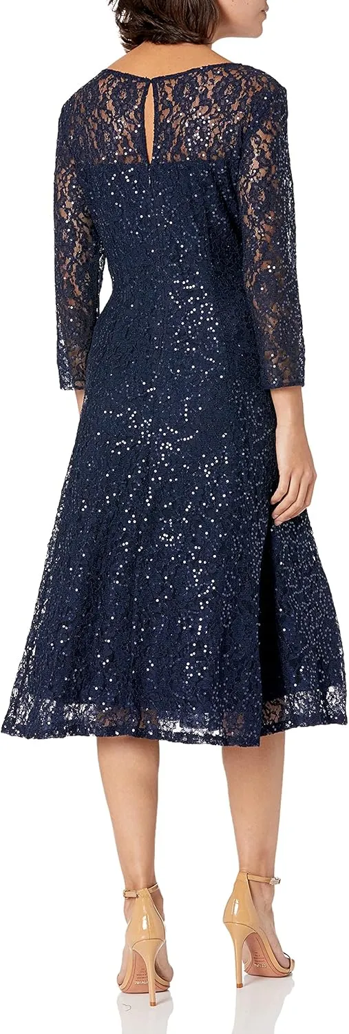 S.L. Fashions Women's Midi Length Sequin Lace Fit and Flare Dress (Missy Petite)