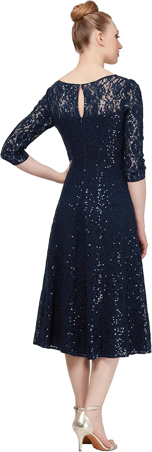 S.L. Fashions Women's Midi Length Sequin Lace Fit and Flare Dress (Missy Petite)