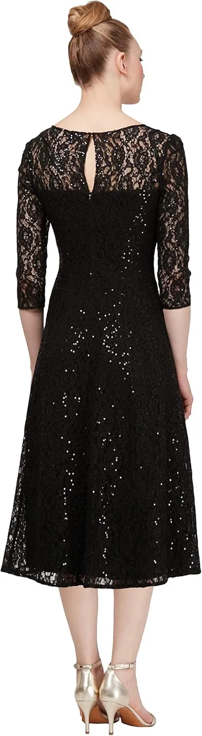 S.L. Fashions Women's Midi Length Sequin Lace Fit and Flare Dress (Missy Petite)