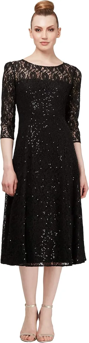 S.L. Fashions Women's Midi Length Sequin Lace Fit and Flare Dress (Missy Petite)