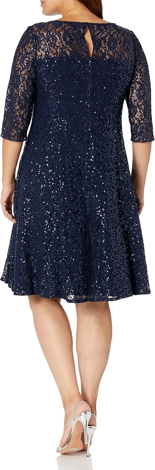 S.L. Fashions Women's Plus Size Lace and Sequin Fit and Flare Dress