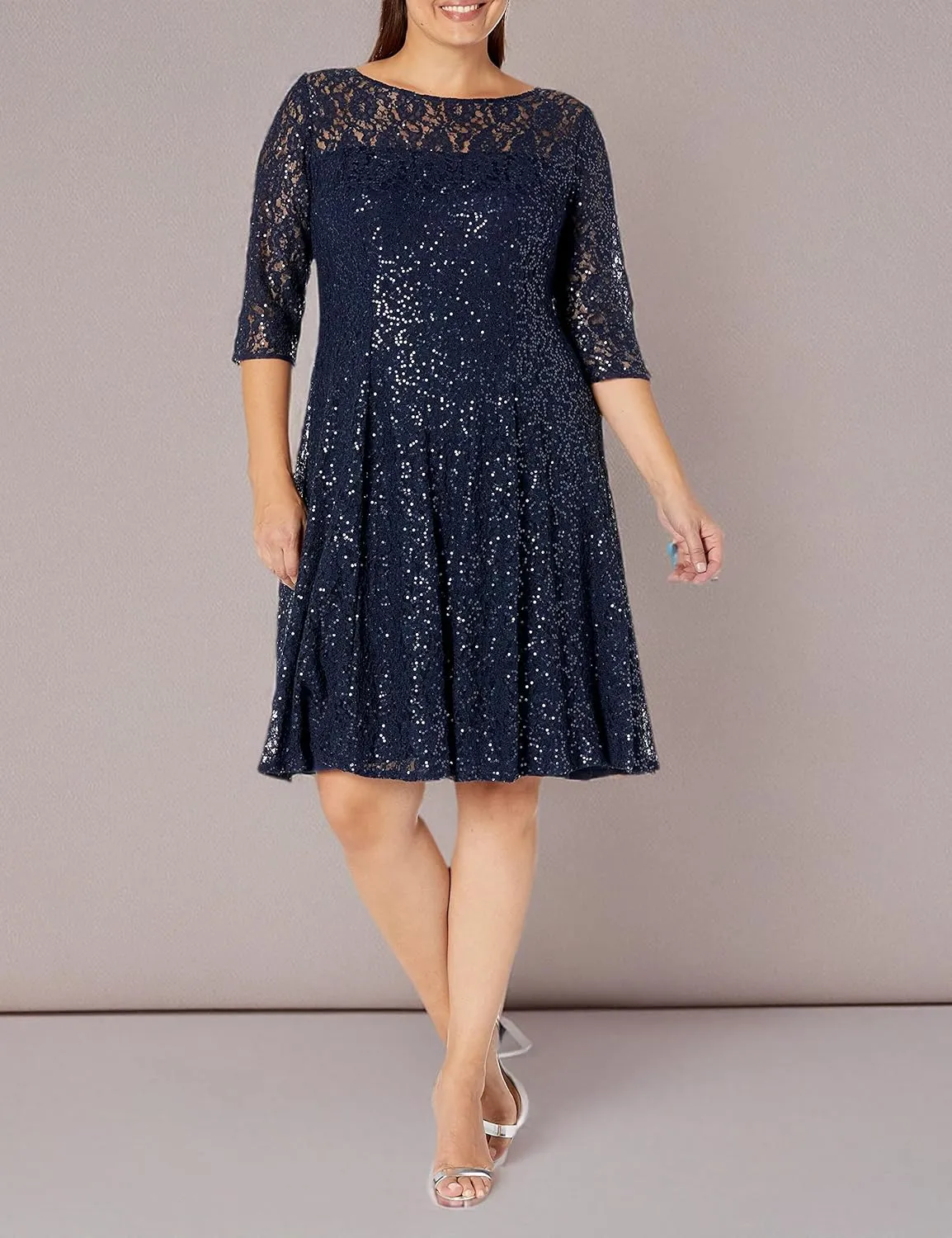S.L. Fashions Women's Plus Size Lace and Sequin Fit and Flare Dress